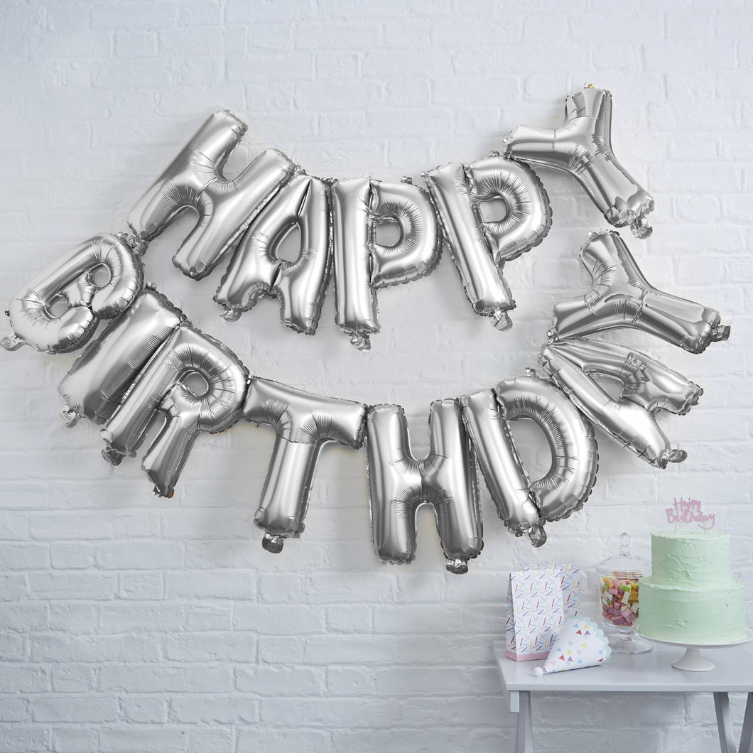 SILVER HAPPY BIRTHDAY FOIL BALLOON BUNTING   Add glam with this silver Happy Birthday Balloon bunting Pack includes 13” balloons Fill with air no helium r